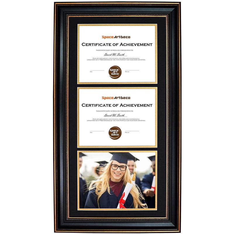 Space Art Deco, 14x29 Triple/Three Certificates Frame with Black Over Gold Double Mat for (3) 8.5x11 Diplomas/Degrees, Sawtooth Hangers Real Glass Wall Mounting (Ornate Gold/Black) - Image 3
